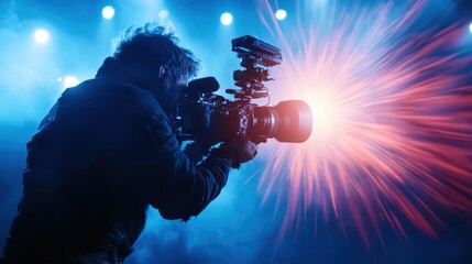 A photographer is intensely focused on capturing a moment amid colorful stage lights, surrounded by a captivating atmosphere filled with creativity and inspiration.