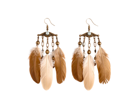 Elegant Bronze and Beige Feather Dangle Earrings with Pearl Accents.