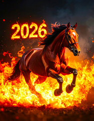 Dynamic image of Red Fire Horse, symbol of the year 2026 according to the oriental calendar. AI, Illustration, Generation, Generated image.