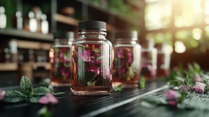 These charming bottles filled with flower-infused liquid exemplify natural beauty and aromatherapy, ideal for representing relaxation, wellness, and the art of self-care and fragrances.