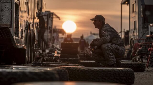 Golden hour illuminates a focused motorsport mechanic crouching by tires, meticulously checking their condition before a race, his silhouette framed against the rising sun