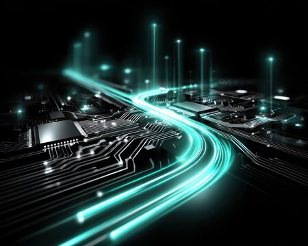 Abstract circuit board with glowing light trails - Powered by Adobe