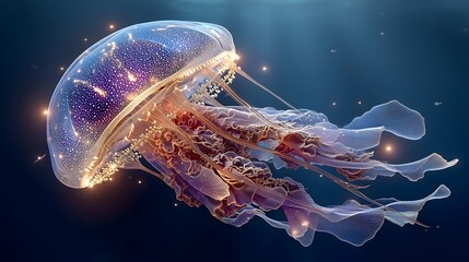 Bioluminescent jellyfish illuminate the dark ocean depths in a mesmerizing display of natural beauty