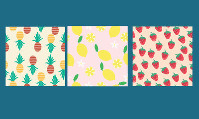 Set of seamless fruit patterns featuring pineapples, lemons, and strawberries in a flat, playful style. Perfect for textiles, packaging, stationery, or summer-themed design