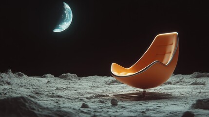 An imaginative scene depicting a sleek orange chair on the moon’s surface, with Earth visible in the background, symbolizing solitude and contemplation in space.