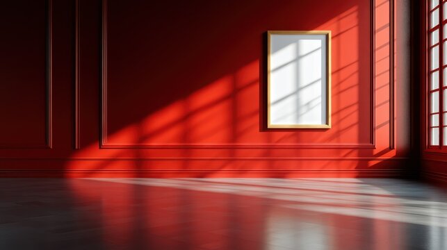 Experience a captivating red room featuring strong shadows, creating a dramatic atmosphere and elegance that draws attention to the interactions of light and color.
