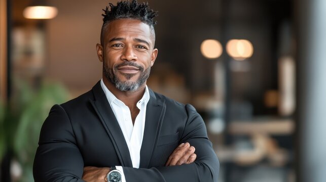 A confident African American man stands with arms crossed, dressed in a sleek black suit, exuding professionalism and charisma in a modern office setting.