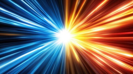 Fototapeta premium Dynamic abstract image showing a radiant burst of blue and orange light converging at the center, symbolizing energy, contrast, and motion.