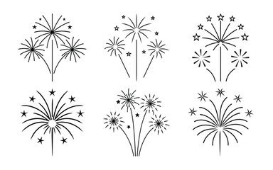 vector fireworks line art set on white background, fireworks icon bundle