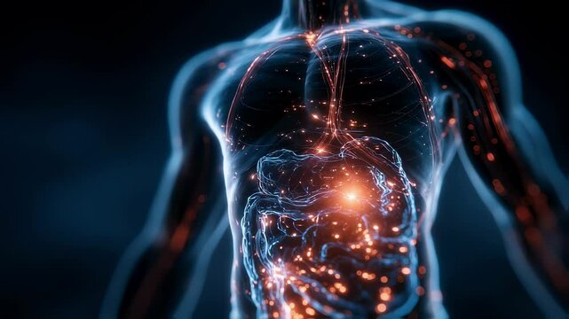 Medical animation showing glowing human intestines with interconnected network of blood vessels and nerves, illustrating digestive system activity and blood sugar regulation during fasting