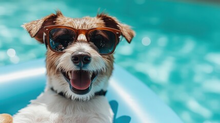 A joyful dog wearing sunglasses, lounging on a pool float, embodying happiness and fun during a sunny summer day while creating a cheerful and playful vibe.
