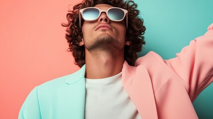 A trendy young man flaunts a chic pastel suit jacket, showcasing contemporary fashion with a playful attitude against a vibrant teal and pink background that radiates creativity.
