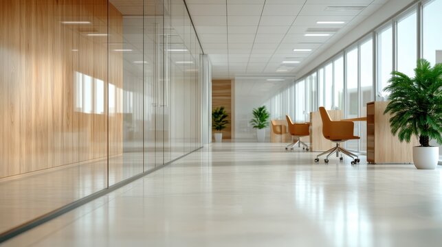 A bright, contemporary office corridor showcasing sleek furnishings and greenery, creating a refreshing and welcoming work environment that promotes productivity and well-being.