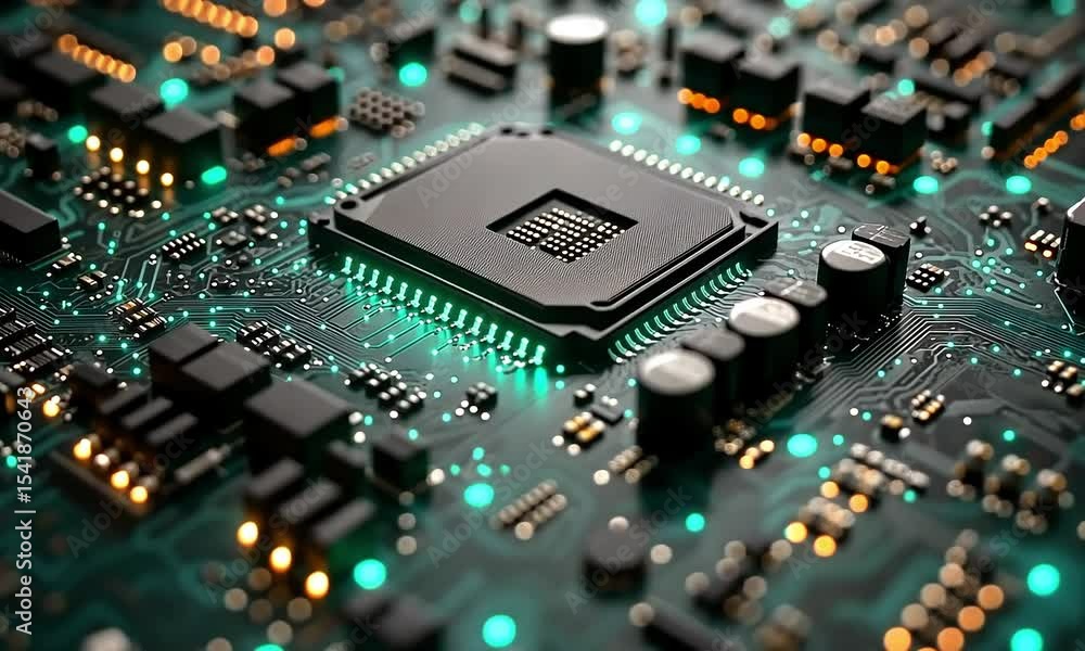 Poster close-up of a circuit board with illuminated components