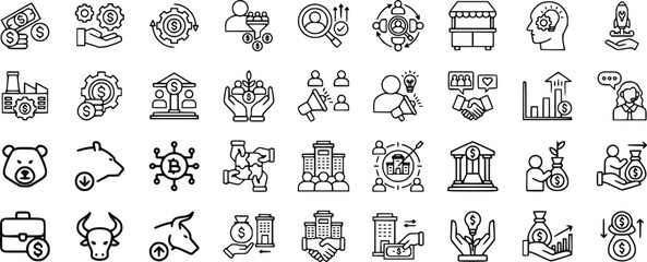 Black and White Business Finance Icons Set Investment Growth