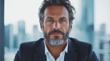 Fototapeta premium A poised businessman with a well-groomed beard and hair sits in a modern office, radiating confidence amidst a city skyline backdrop that conveys professionalism and success.