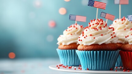 A tempting array of festive cupcakes adorned with small United States flags, celebrating national holidays with a burst of color and sweetness, evoking feelings of patriotism and togetherness.