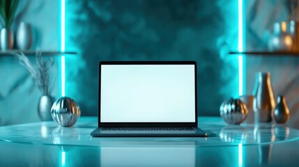 A sleek laptop sits on a stylish table amidst soft ambient lighting, representing modern technology and aesthetic design in a contemporary workspace or home office environment.