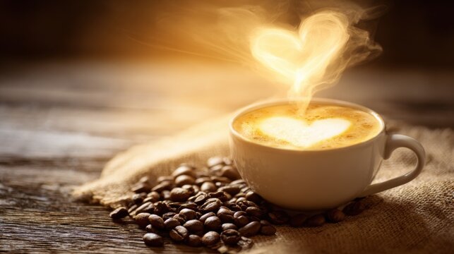 White ceramic cup with frothy coffee and heart-shaped latte art, steam forming a heart, on rustic wooden surface with scattered coffee beans and burlap cloth, soft warm golden lighting. - Powered by Adobe