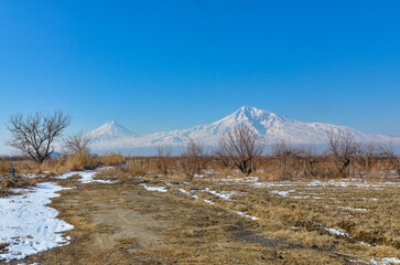 Greater Ararat and Little Ararat scenic view from Vosketap farmlands in winter  