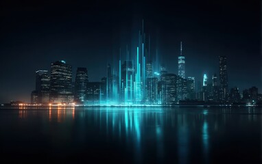 Futuristic city skyline at night with glowing digital lines