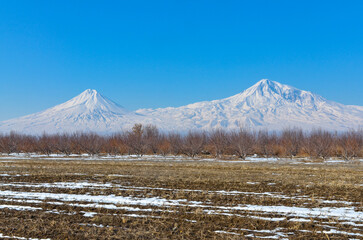 Greater Ararat and Little Ararat scenic view from Ararat valley in winter  