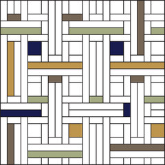 Grid of black vertical and horizontal lines on a white background, with selected squares and rectangles coloured in gold, sage green, grey and navy blue