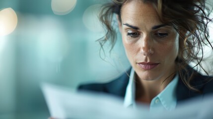 A woman in a business setting reads a document closely, highlighting dedication and focus in her work environment, illustrating professionalism and concentration.
