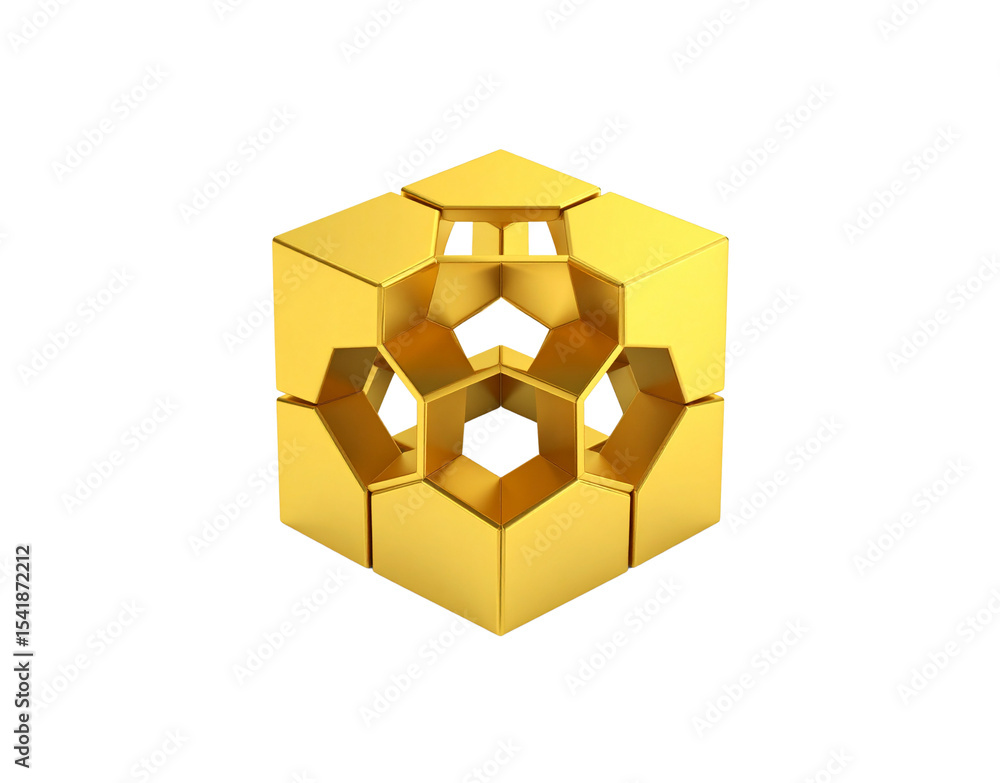 Poster golden hexagonal cube structure 3d render of interlocking geometric shapes.