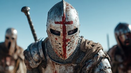 Naklejka premium This striking image shows a warrior clad in battle attire and a helmet marked with a red cross, embodying strength, bravery, and the spirit of historical conflicts in a captivating landscape.
