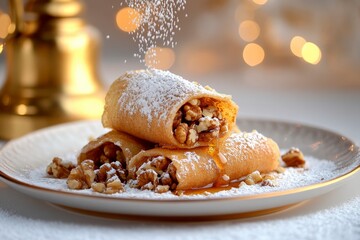 A plate of rolled pastries filled with nuts and dusted with powdered sugar. 