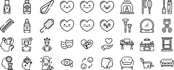 Black and White Line Art Icons Set Self Care Beauty Home and Emotions