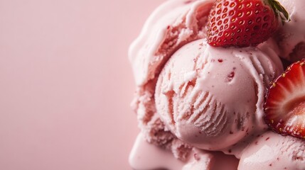 A tempting scoop of strawberry ice cream decorated with fresh strawberries, providing a delightful and refreshing treat perfect for warm weather and sweet indulgence.