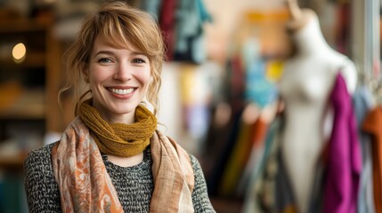 Fototapeta premium Smiling young woman with wavy blond hair, wearing a scarf, stands in a colorful boutique with fabric displays and a mannequin in the background.