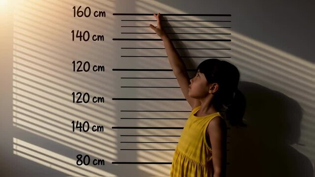 Little girl in a yellow dress stretches to mark her height on a wall growth chart, illuminated by sunlight through blinds, representing childhood, growth, and child development milestones