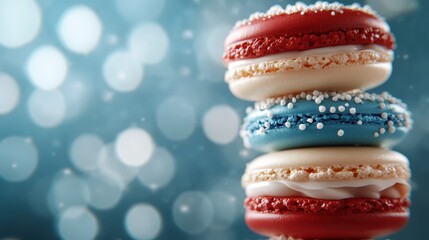 A beautifully arranged stack of colorful macarons with a bokeh background, creating a vibrant and inviting scene perfect for dessert lovers and culinary enthusiasts.