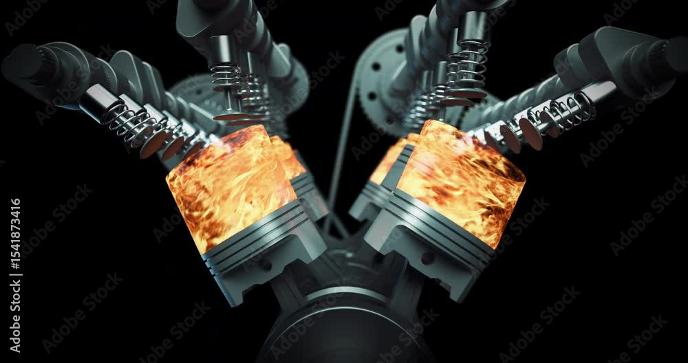 Poster Wireframe Car Exposing Detailed Crankshaft and Pistons Motion in a V8 Engine. Industry And Technology Related 3D Animation.