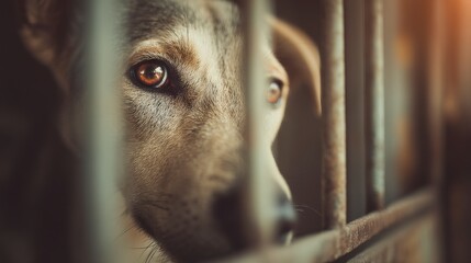 A close-up of a brown dog looking through metal bars.