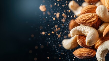 An artistic shot of nuts in mid-air with a dusting of particles, creating a dynamic representation of healthy snacks and the vibrancy of food, highlighting nature's bounty.