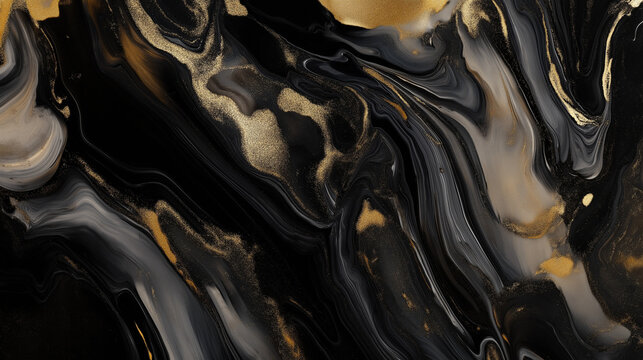 arte abstrata com redemoinhos de tinta em negrito e tons de preto e dourado