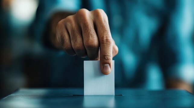 A close-up of a hand casting a vote in a ballot box, emphasizing the vital role of participation in democracy and the importance of making choices for a better tomorrow.