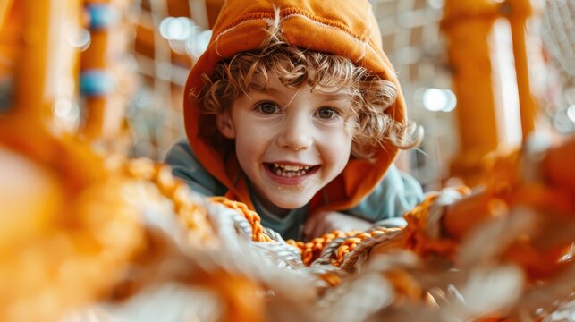 A joyful child climbing through colorful ropes in a play area, showcasing the thrill of childhood adventure and creativity, highlighted by the cheerful expression of the child. - Powered by Adobe