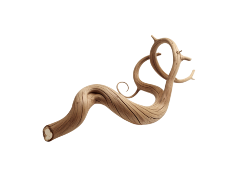 Intricately Curled Light Brown Dried Vine with Textured Surface and Branching Ends.