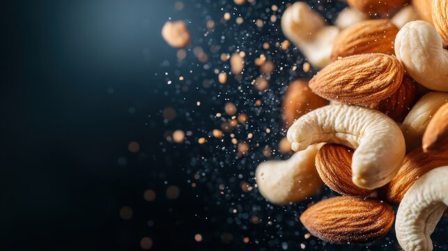 An artistic shot of nuts in mid-air with a dusting of particles, creating a dynamic representation of healthy snacks and the vibrancy of food, highlighting nature's bounty.