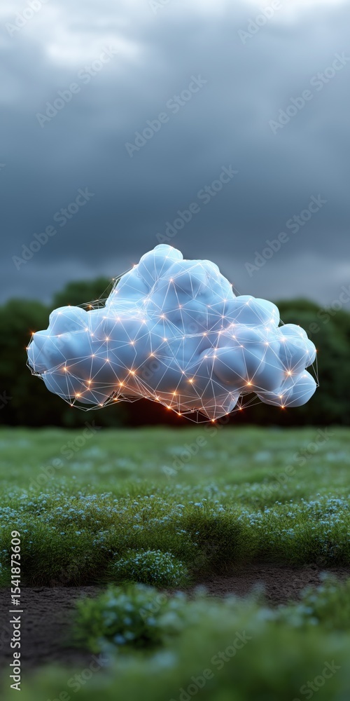 Poster a cloud with a network of lights inside of it. the sky is cloudy and the grass is green