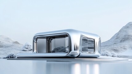A futuristic, metallic house sits on a frozen lake surrounded by snow-covered mountains. The structure features large glass windows and a sleek design.