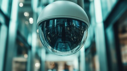 A modern dome security camera hangs in a stylish urban space, playing a crucial role in safety and surveillance within contemporary architecture settings.