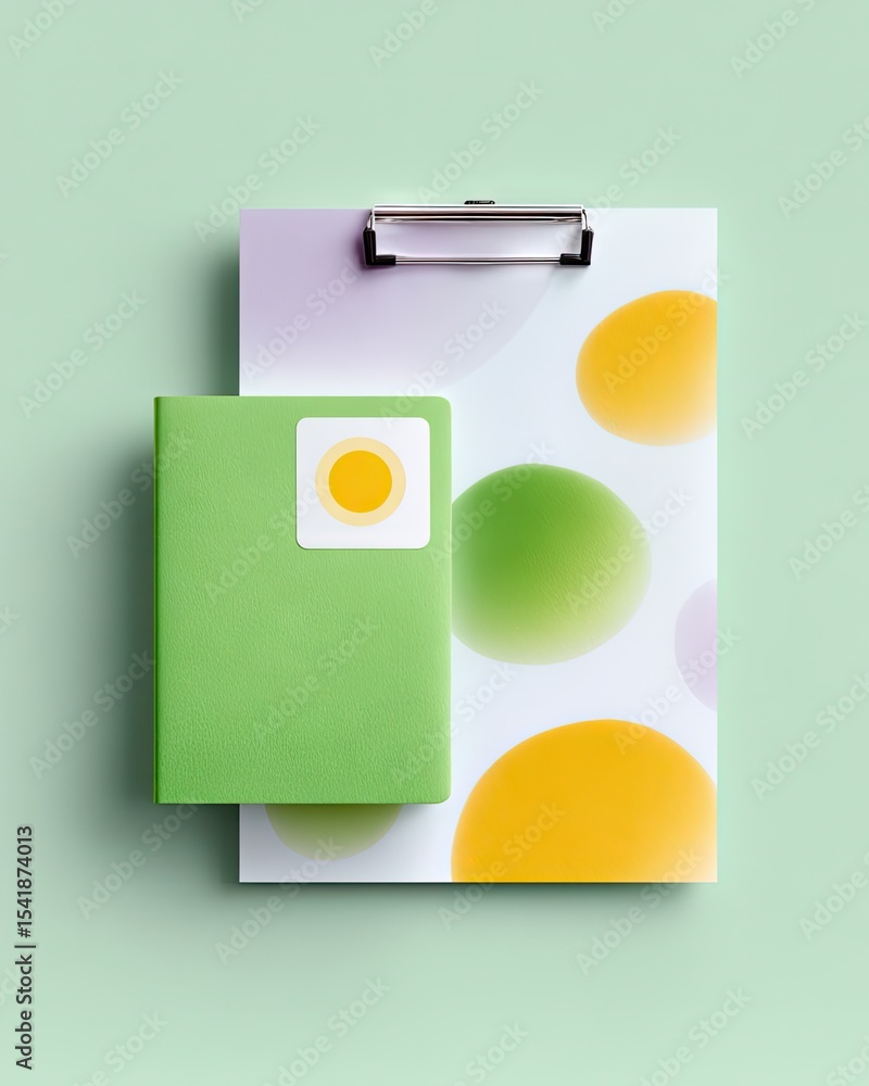 Poster pastel green notebook and clipboard with abstract circle pattern