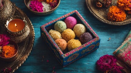 Colorful Indian sweets arranged in a decorative box. Surrounding elements include traditional candles and vibrant flower petals. The scene reflects festive celebrations.