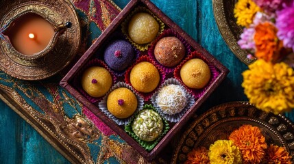 A colorful assortment of Indian sweets arranged in a decorative box. 